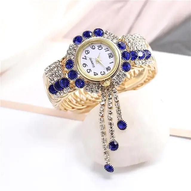 Luxury Blue Rhinestone Women Quartz Wrist Watch Tassel Bangle Bracelet Gift New