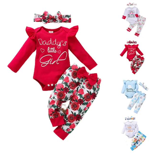Infant Baby Girl Floral Long Sleeve Ruffle Romper Top Pants Headwear Set Outfits