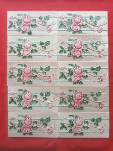 10 Piece Lot Old Art Floral Design Embossed Majolica Ceramic Tiles Japan 0178
