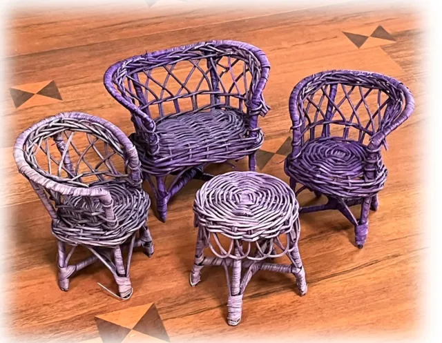 VTG Lot 4 Barbie Doll Purple Wicker Furniture Patio Chair Loveseat Table Set