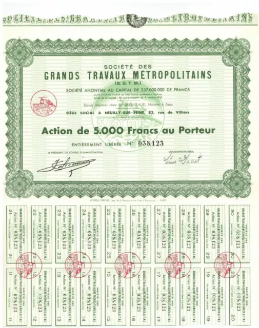 Societe Des Grands Travaux Metropolitains - Stock Certificate - Foreign Stocks