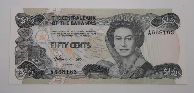 1984 - Central Bank of The Bahamas - 50 Cents Banknote, Serial No. A 668163