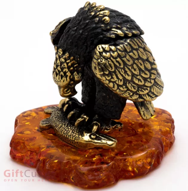 Solid Brass Amber Figurine bird Eagle Peregrine Falcon Hawk catch Fish IronWork