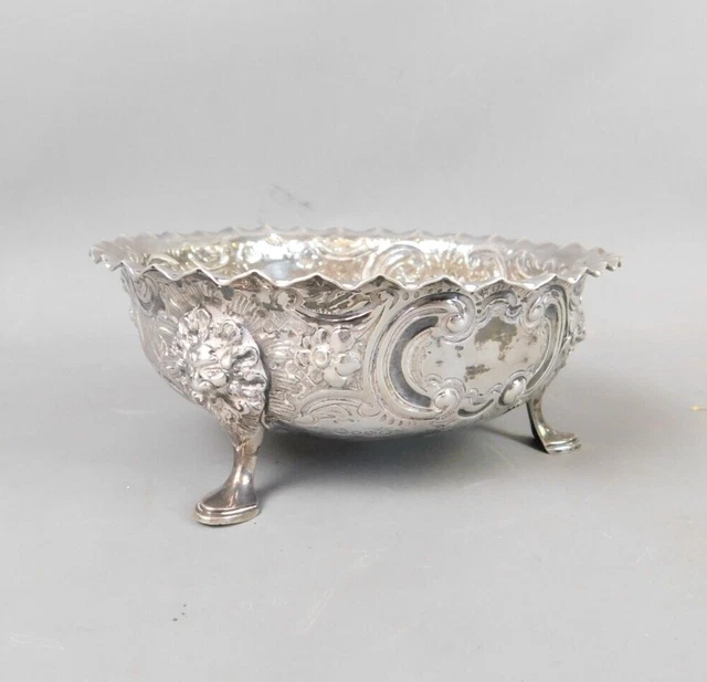 Maschera Leone Ciotola Argento Sterling Vittoriana Piedi Dettaglio Floreale Antico 1888 Londra