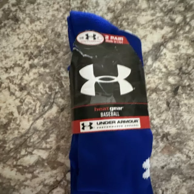 New Under Armour Heat Gear Baseball 2-Pack Mens Blue Socks Size 10-13 USA