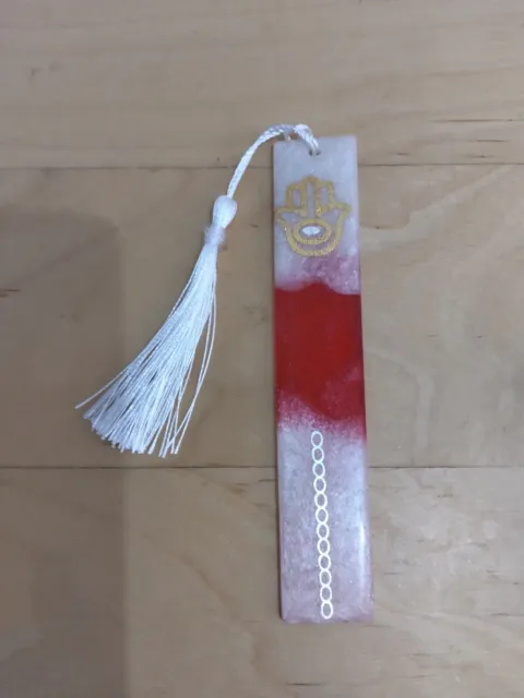 Resin bookmark, dark red and white with tassel