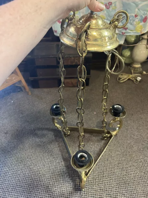 Unusual Vintage Very Heavy Brass Chandelier Light Fixture 3 Arm 2