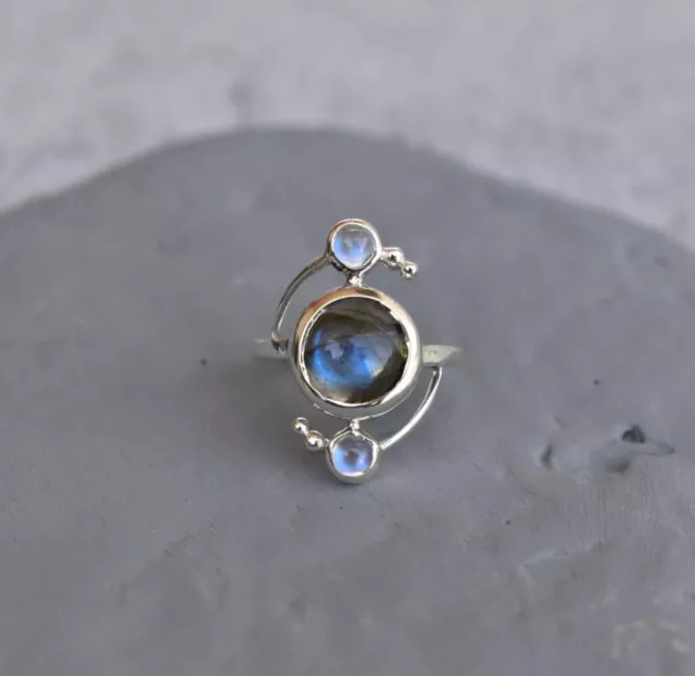 925 Solid Sterling Silver Natural Blue Fire Labradorite, Moonstone Handmade Ring