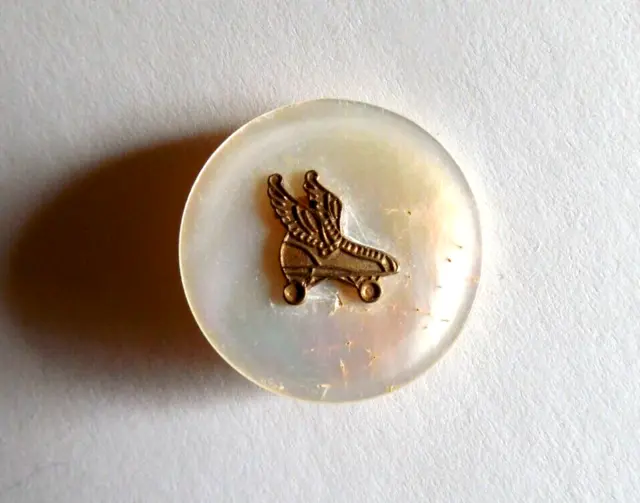 Vintage MOP Shell Button with Brass Flying Roller Skate -  1  1/8"