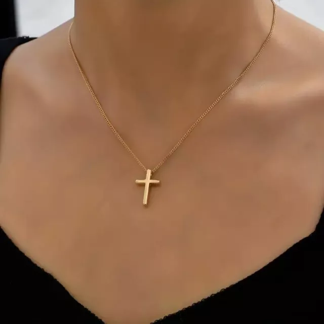 Golden Minimalist Stylish Cross Pendant Necklace 14K Gold Plated Jewelry Women