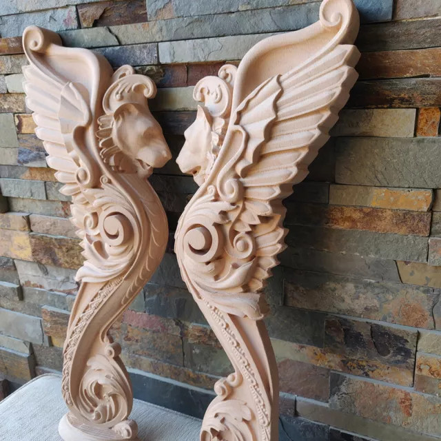 Pair Wood Carved Griffin Gothic Door Stairs Lion Wall French Victorian Fireplace