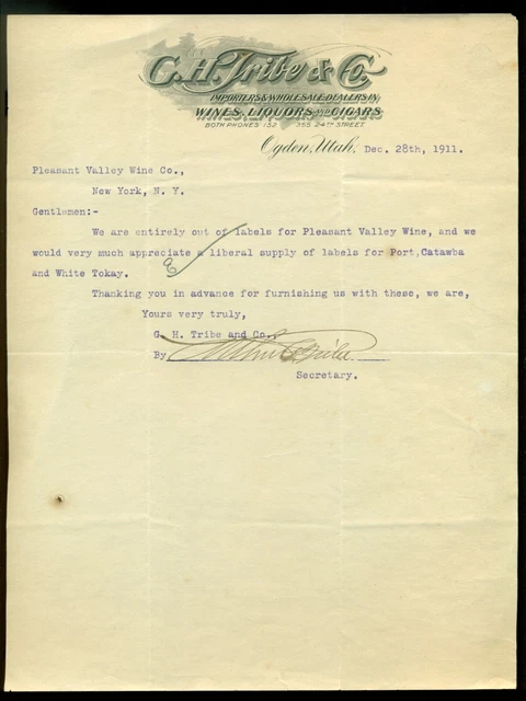 1903-11 C.h Tribe Whiskey Lemp Beer Ogden Utah Letterhead Lot