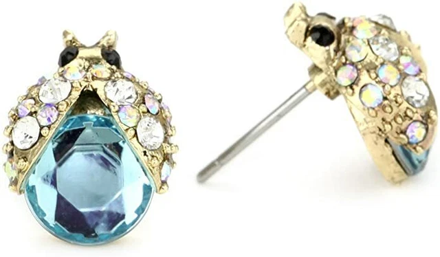 Betsey Johnson Ladybug Studs Earrings Goldstone Blue & Delicte Crystal Shipping!