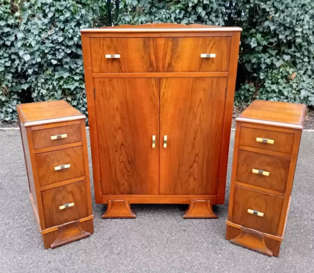 Art Deco 1930s Walnut Bedside  Cabinets & Tallboy