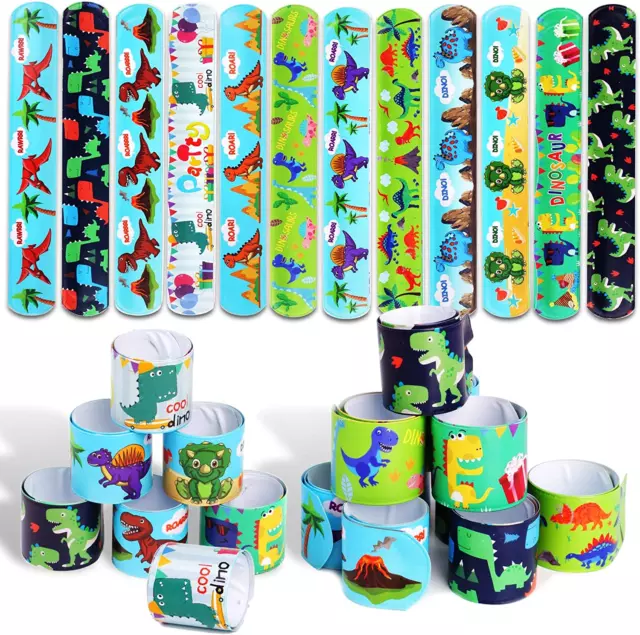 Pulseras de bofetada de dinosaurio DERAYEE 24 piezas para niños, juguete temático del mundo del bosque jurásico