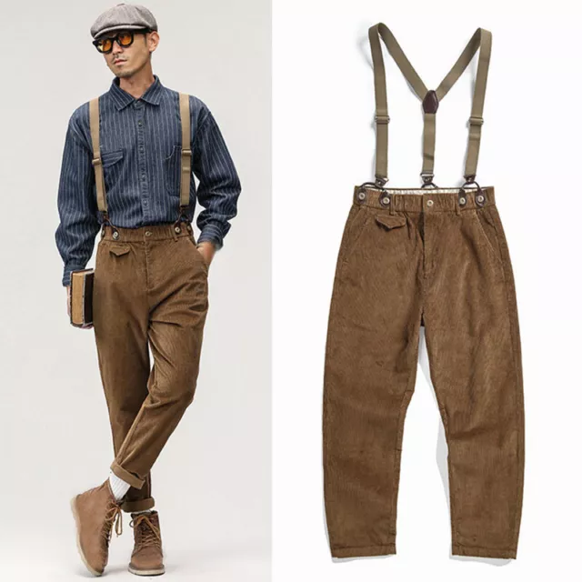 Mens British Style Corduroy Straight Pants Suspender Trousers Retro Work Pants-