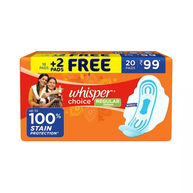 Almohadillas sanitarias regulares para mujer Whisper Choice, regulares, paquete de 20 servilletas