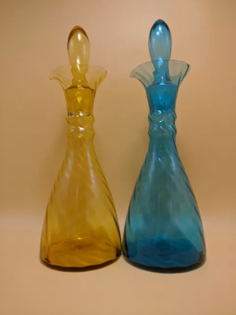 ART Glass OPTIC SWIRL Decanters Orig STOPPERS Genie COUSINS Italy PAIR VINTAGE