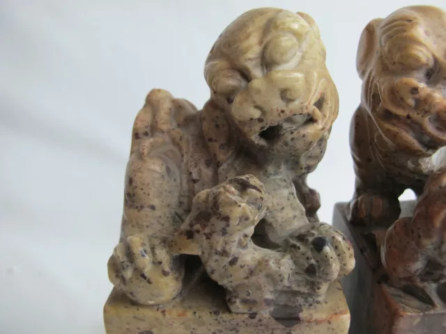 CHINESE Brown Soapstone FOO DOG Carving Chop Seal Figurine Bookend Pair 2