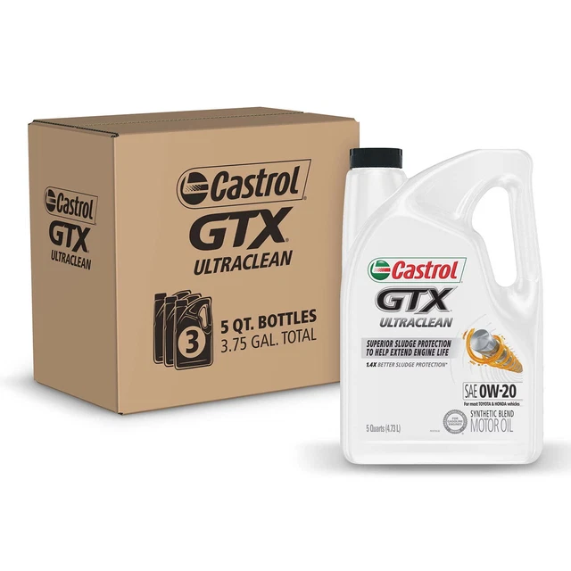 Castrol GTX Ultraclean 0W-20 Synthetic Blend Motor Oil, 5 Quart, Case of 3