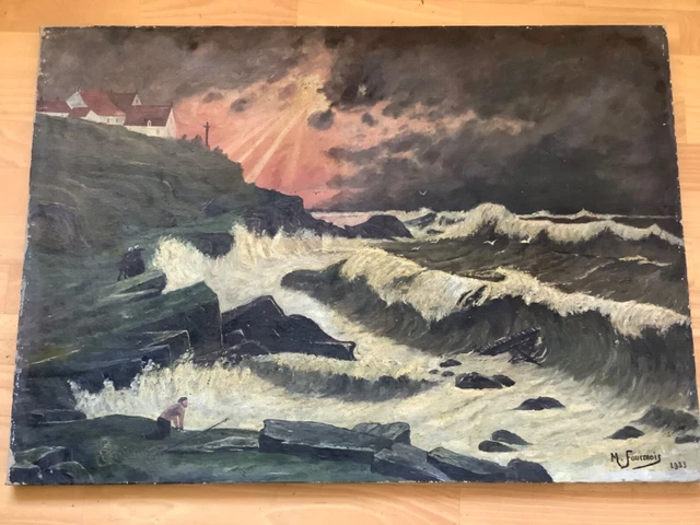 Ancien Tableau 1933 Huile sur toile  Paysage marin signé