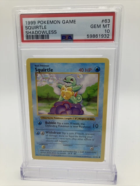 1999 Pokémon Base Set Shadowless Squirtle 63/102 PSA 10 Gem Mint