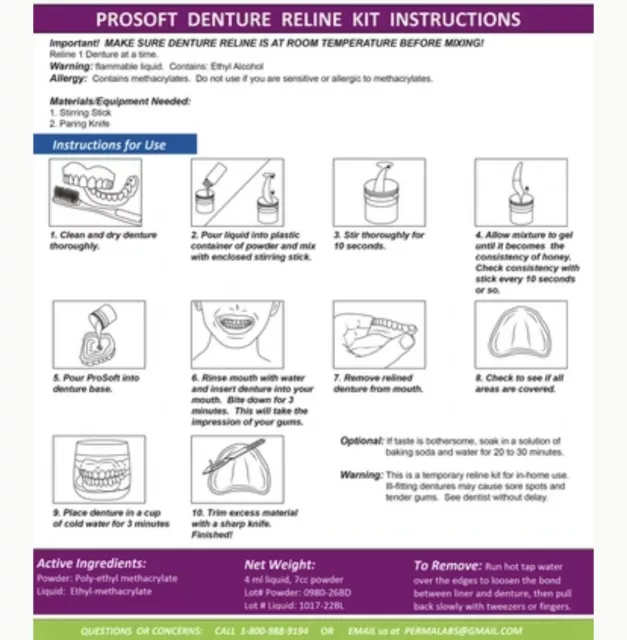 Soft Denture Reline Kit! Durable Liner!  Repair Loose Dentures! ProSoft Reliner! 3