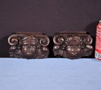 *French Antique Highly Carved Architectural Trim Pieces Angels in Solid Oak