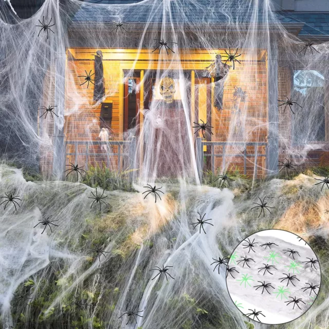 Halloween Spinnennetz mit 150 Spinnen Horror Dekoration Gruselig Spinnweben Deko