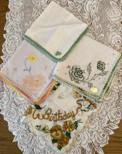 Lot Of 4 Vintage Estate Hankies Happy Birthday/ Crochet Edge Linen Embroidered