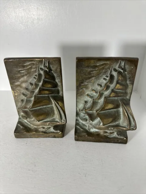 Distressed Set of Heavy Cast Iron Nautical Clipper Galleon Sailing Ship Bookends