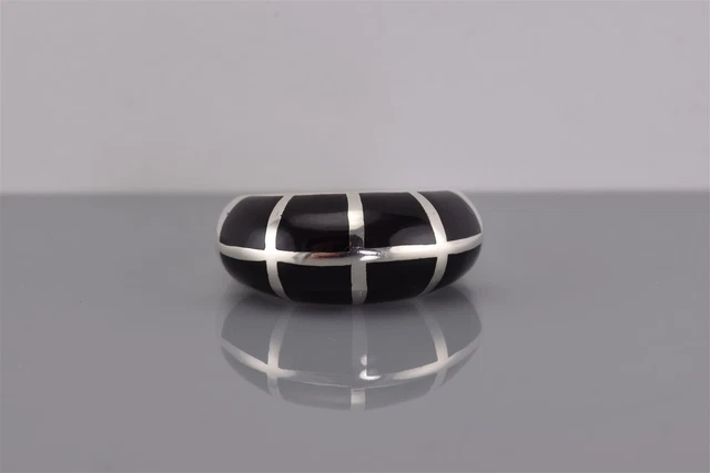 Sterling Silver Mosaic Block Black Enamel Domed Band Ring 925 Sz: 7