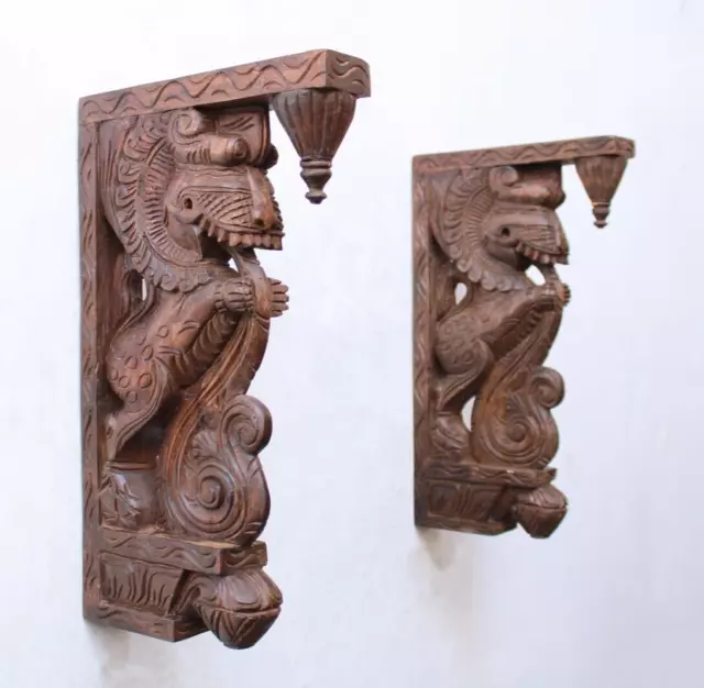 Wooden Wall Bracket Corbel Yali Statue Vintage Entrance Decor Lamp Plant Hanger