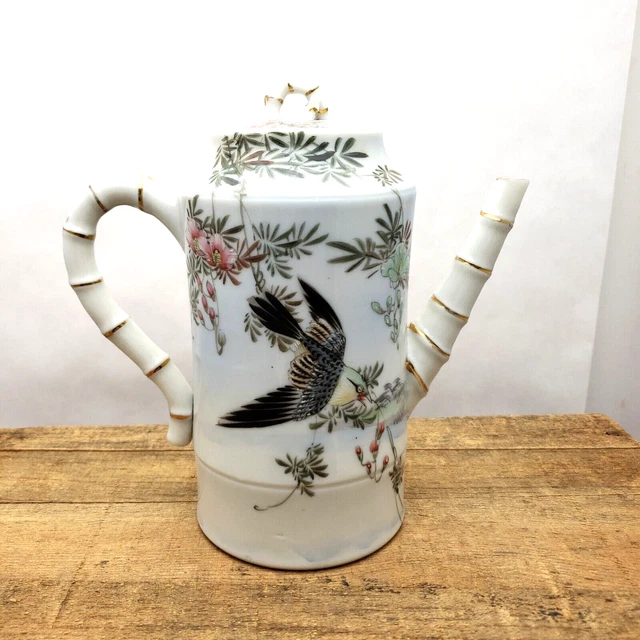 VTG BEAUTIFUL  Hand Painted Teapot Birds 2 Sided Floral Japanese Asian Pink