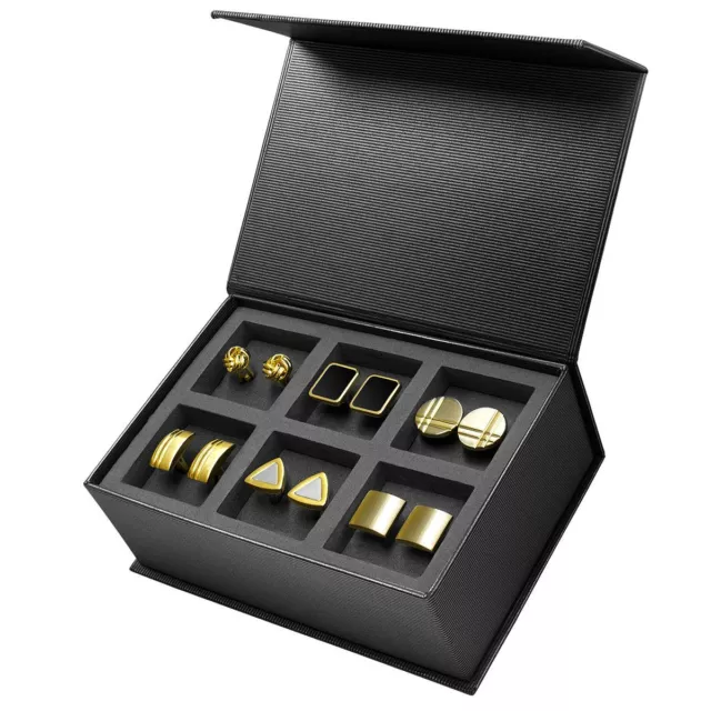 6 Paar Manschettenknöpfe in Geschenkbox aus Edelstahl gold silber schwarz matt