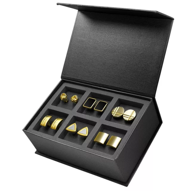 6 Paar Manschettenknöpfe aus Edelstahl Geschenkbox Set gold silber schwarz matt