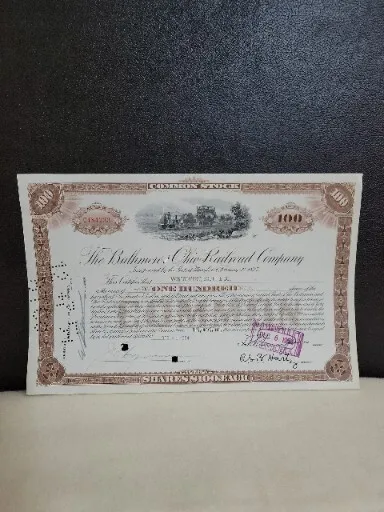 Baltimore and Ohio Railroad Company Stock Certificate 100 SHARES.,1954.