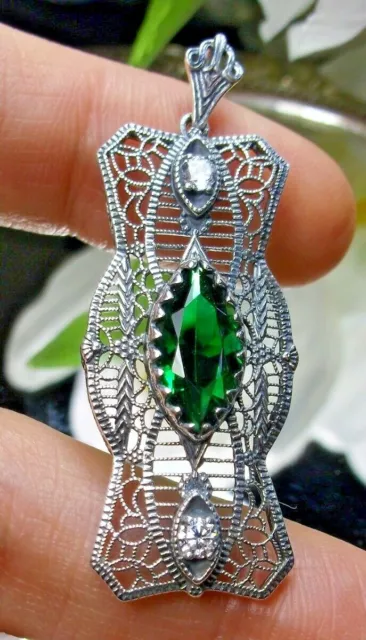 Art Deco Sterling Silver Filigree Sim Emerald and CZ Pendant (Custom-Made)*