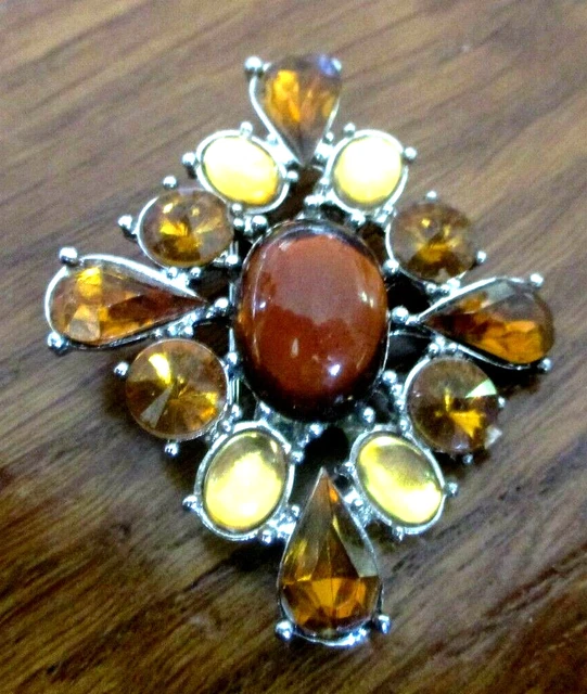 Broche Vintage Années 60 Cabochon Verre Citrine Entourage Or - Très Bon état
