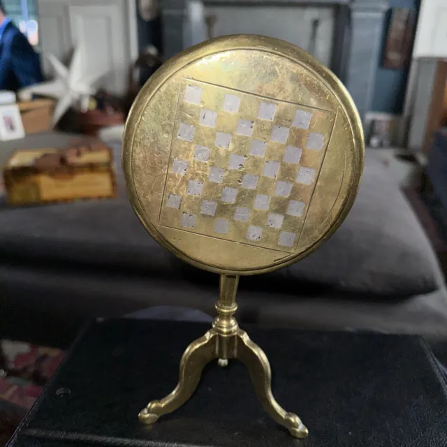 Antique Vintage Georgian Round Chess Solid Brass Tilt Table Candle Reflector