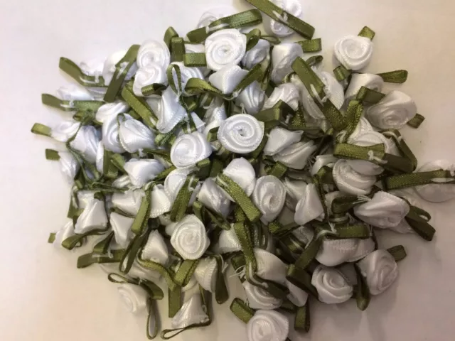20 X Mini Small White Satin Ribbon Rose Buds Flowers with Green Leaves