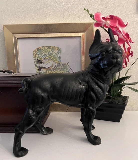 Vintage Cast Iron Boston Terrier Bull Dog Door Stop Painted Black Hubley Style