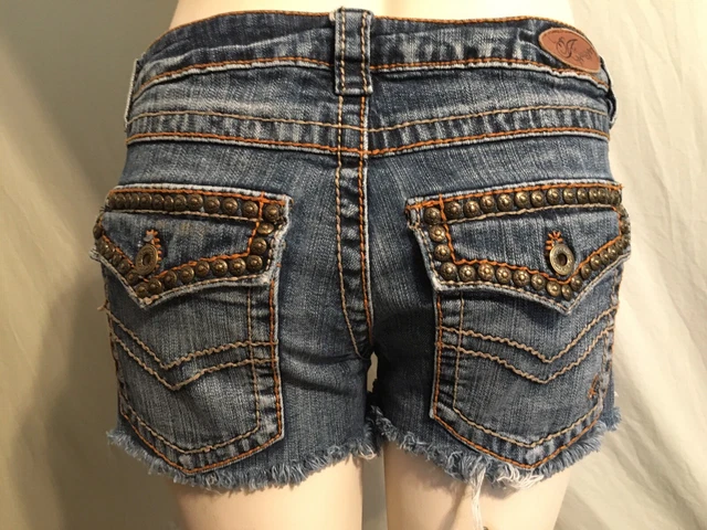 Infusion Women Sz 27 Bold Stitch Brass Studded Pockets Denim Cutoff Jean Shorts