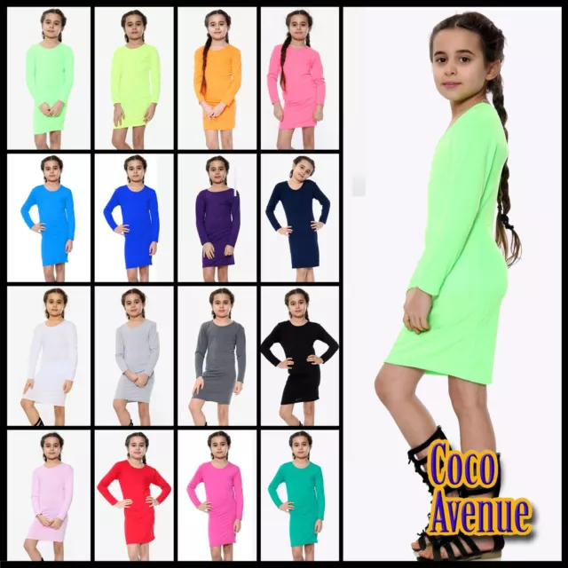 Girls Long Sleeve Bodycon Round Neck Stretchy Basic Plain Tunic Mini Dress Top