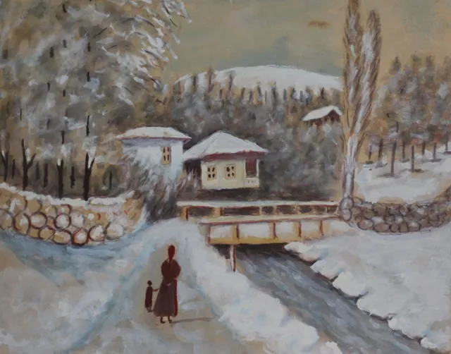 Gouache impressionniste vintage peinture paysage de village d'hiver