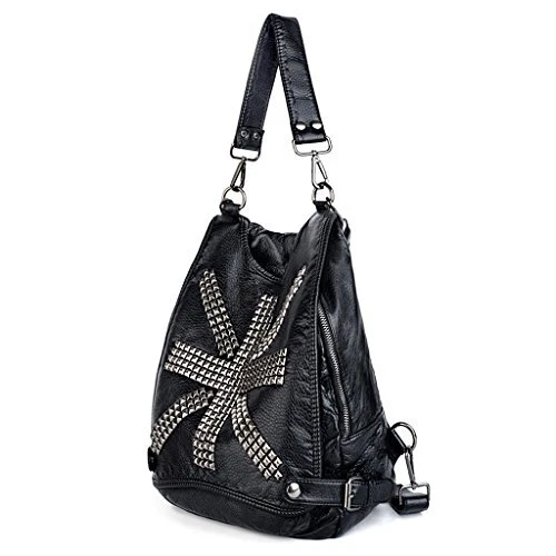 Women Backpack Union Jack UK Flag Rivet Studded PU Washed Leather Purse