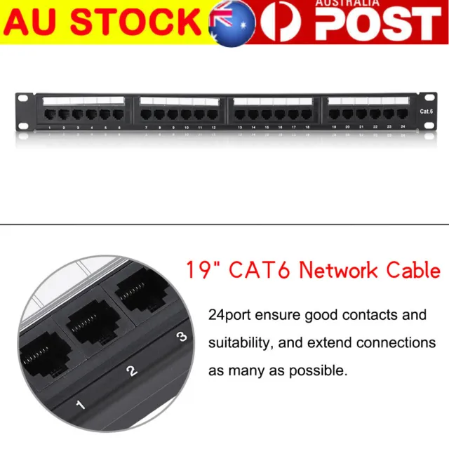 24 Port CAT6/CAT-6 Data Patch Panel Network 19" Cable Rack Mount Black Quality