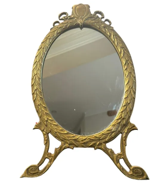 Vintage Antique Baroque Ornate Brass Tripod Mirror 14” x 8” Beautiful