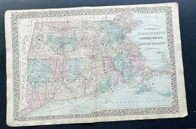 1878 Mitchell Atlas Map Of Connecticut, Rhode Island, Mass, US Hand Colored