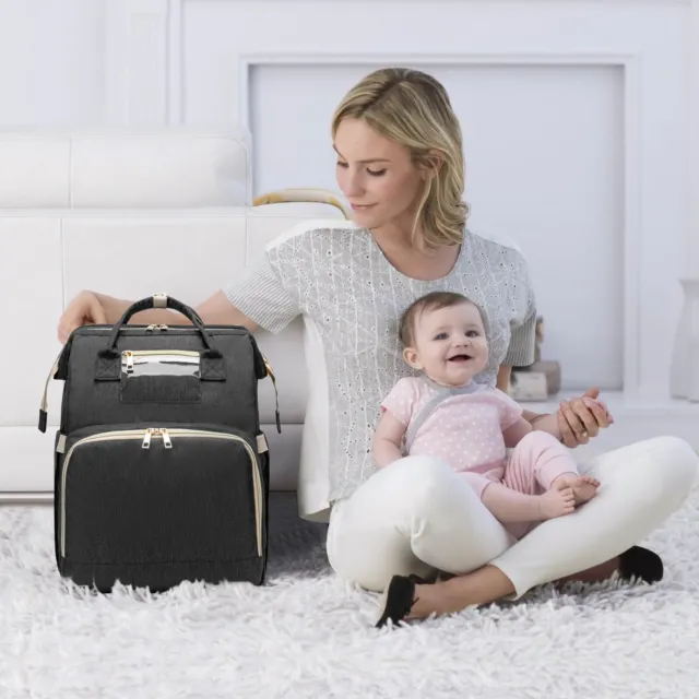 3 in 1 Diaper Bag With Baby Bed Crib Portable Mummy Backpack Strolle Black 3